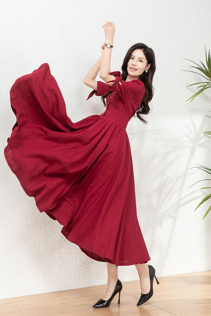 Burgundy fit and flare linen dress C4771