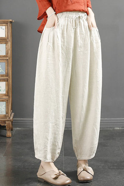 Beige Linen Harem Pants - Elastic Waist Tie Detail C3894