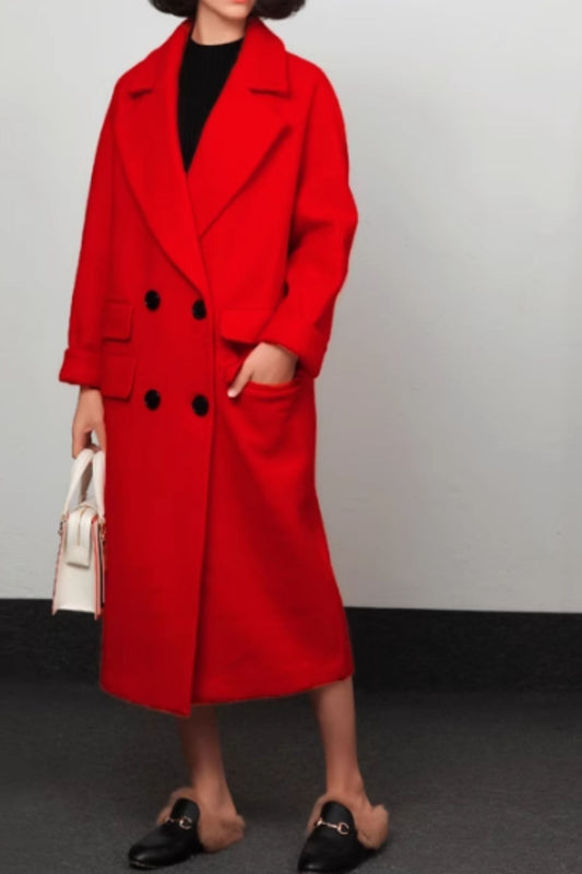 Red womens warm long trench wool coat C5169