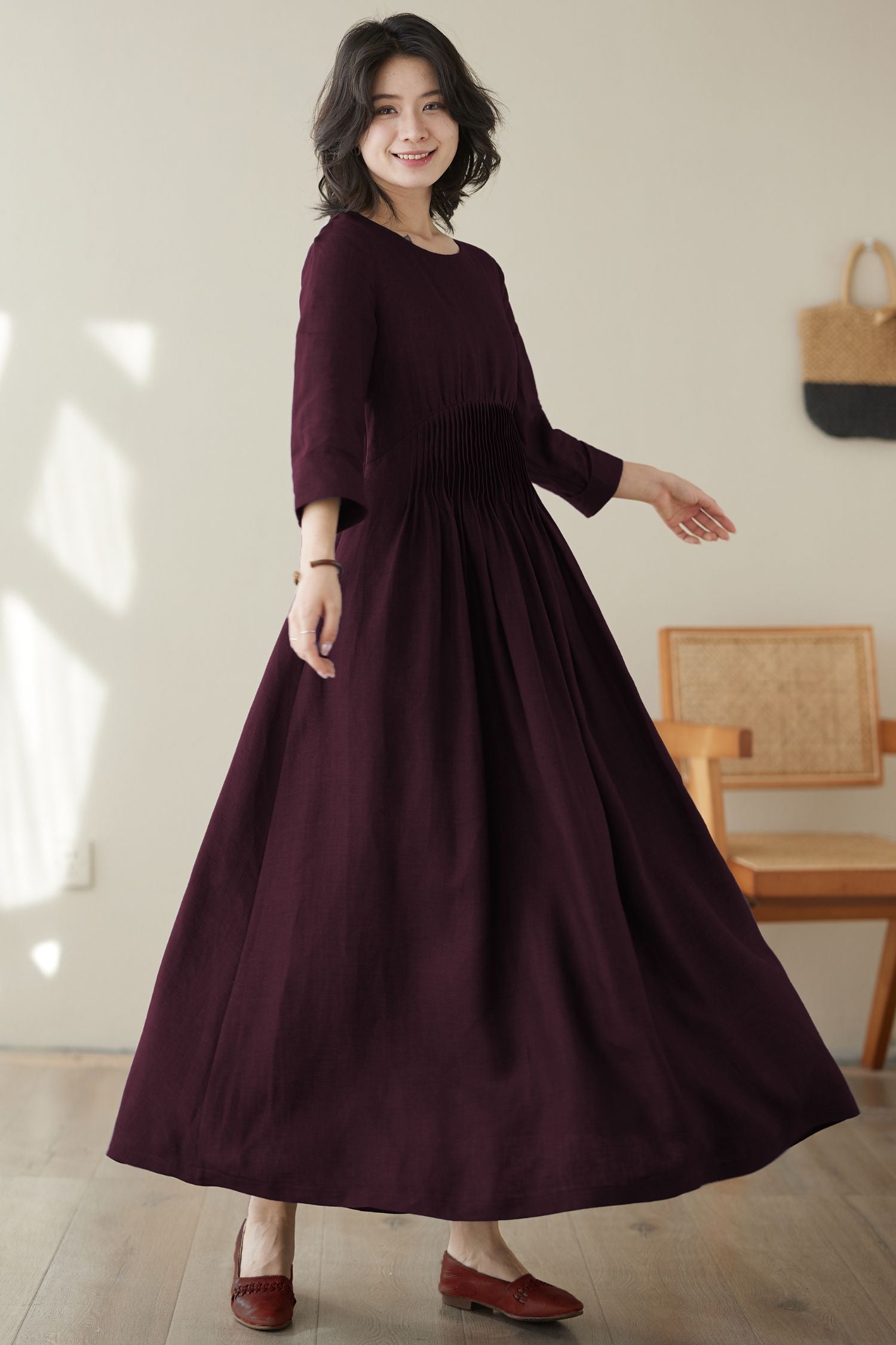 Burgundy Linen Maxi Dress with Flowing Silhouette and Side Pockets Burgundy / L