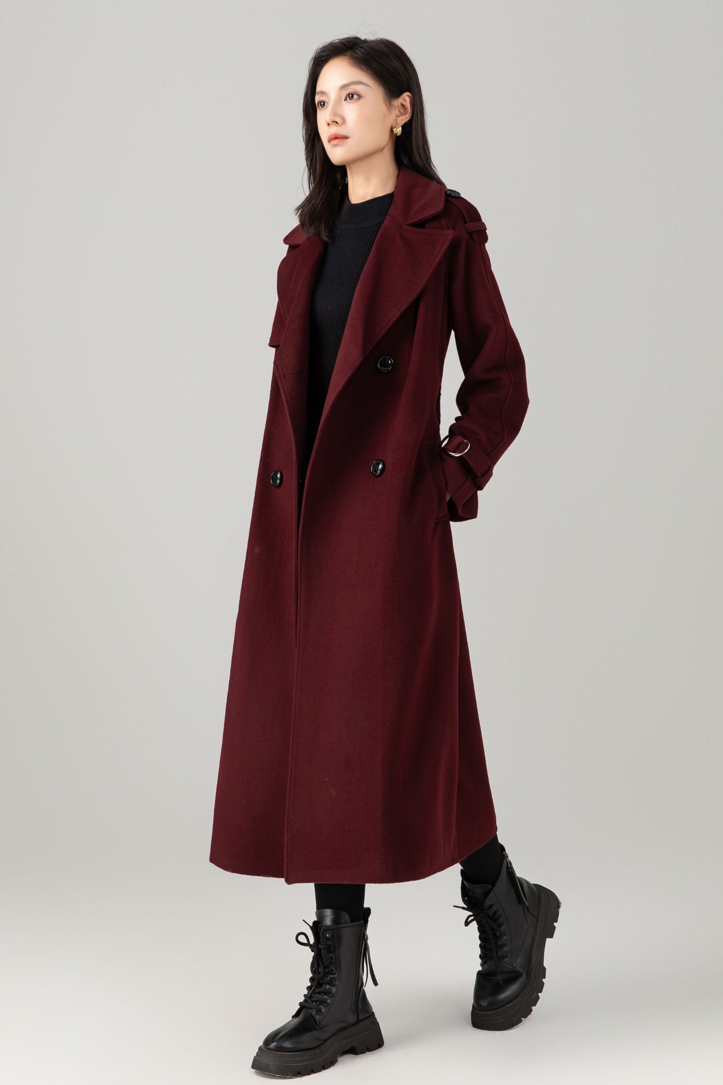 Burgundy wool maxi coat with self tie belt C5280