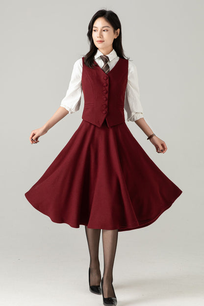 Burgundy Wool Midi Skirt: High Waist Winter A-Line Swing Skirt with Pockets, Ylistyle C5371