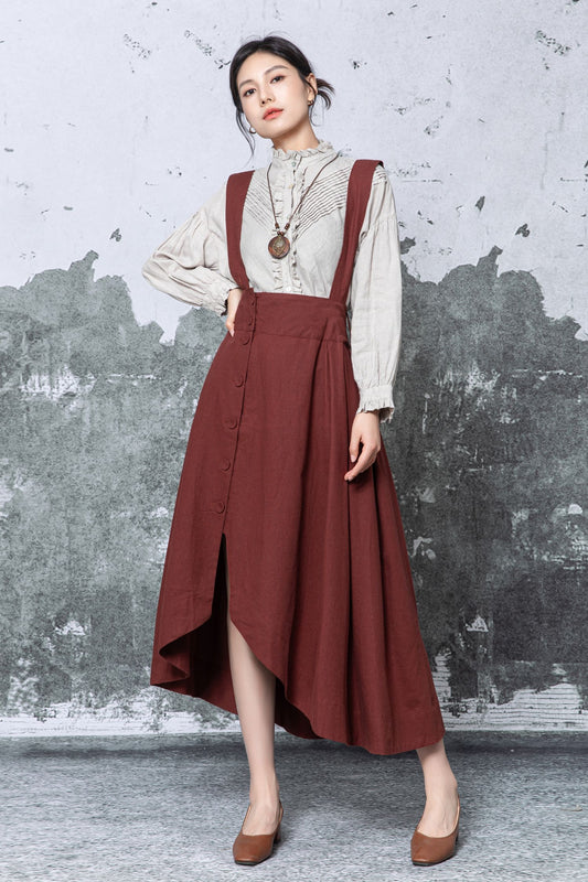 Rust Linen Pinafore Dress: Asymmetric Hem Apron Dress with Pockets, Ylistyle C5464