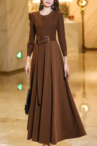 Brown long-sleeved round neck long dress C4180