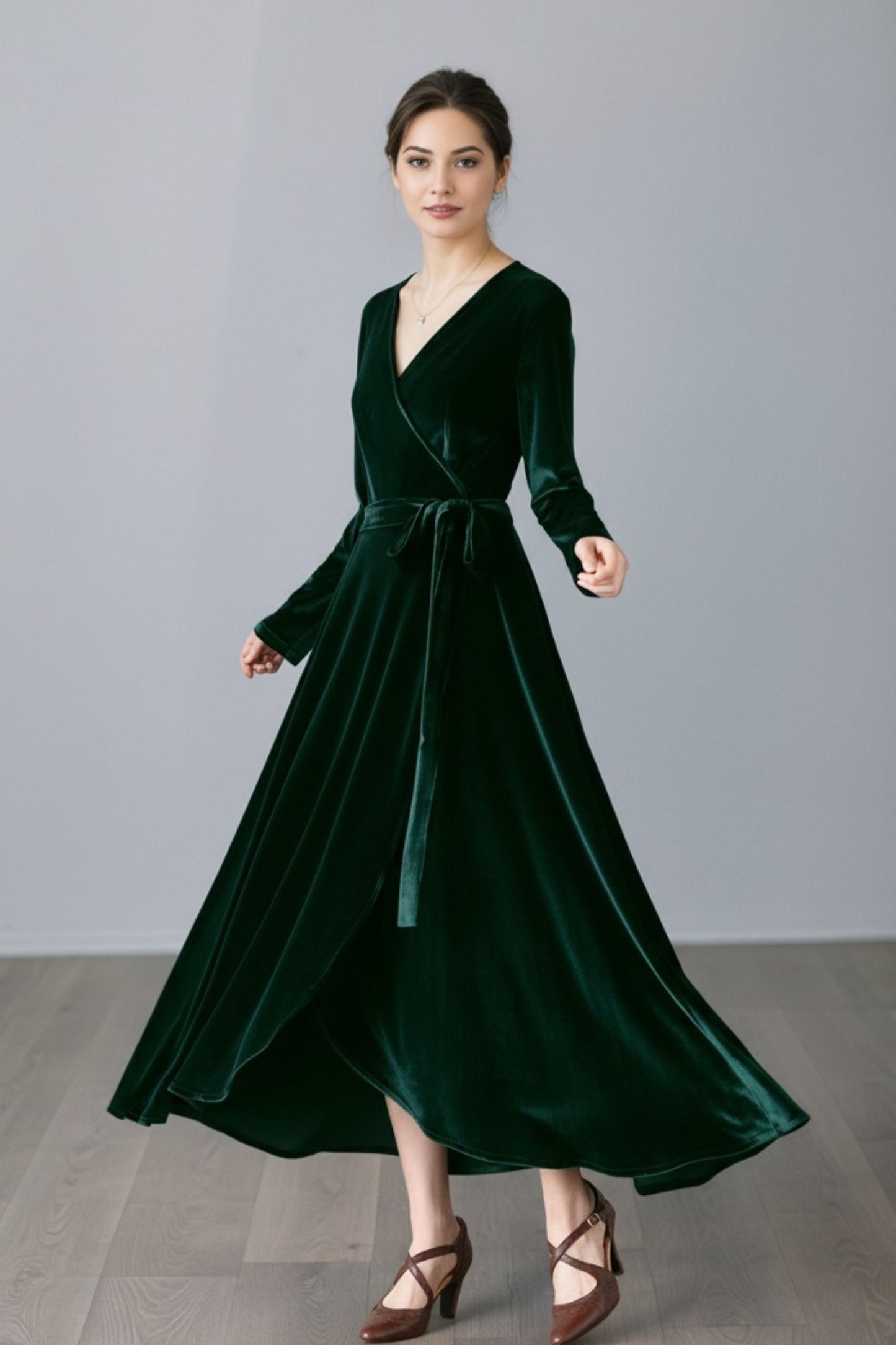 Long Velvet Wrap Dress with Belt C5358
