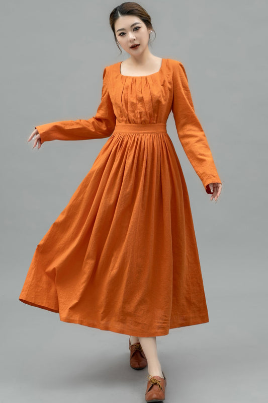 Light Orange Spring Linen Dress Women C4747