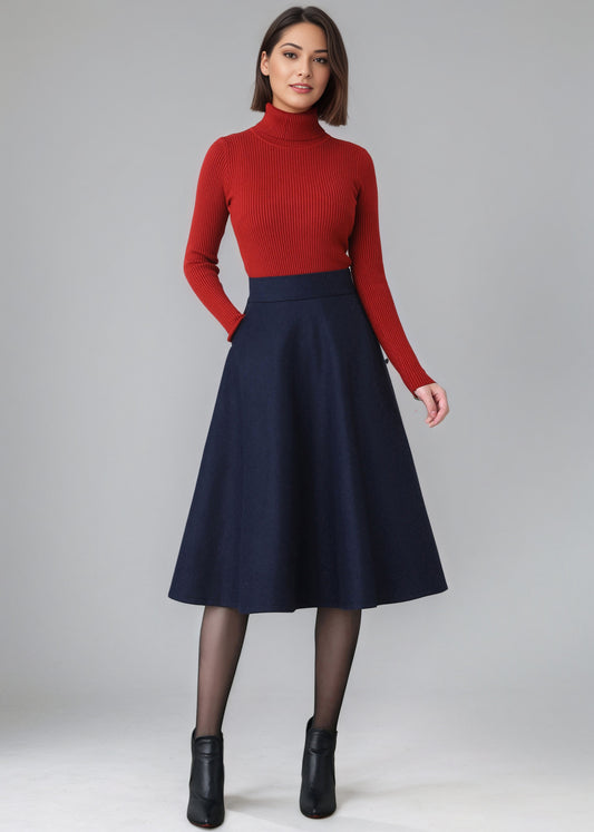Dark Blue A Line High Waist Wool Skirt Women C5154