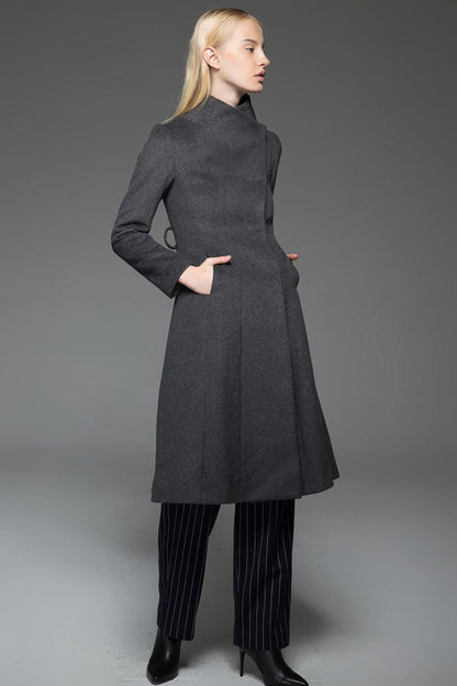 Gray Wool Coat with High Neck Collar, Pockets and Self-Tie Belt C758