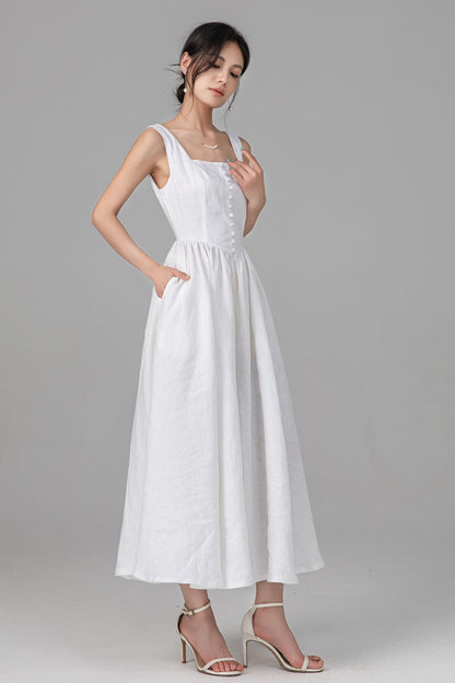 White Linen Maxi Dress - Square Neck Button Front, Pleated Waist C5526