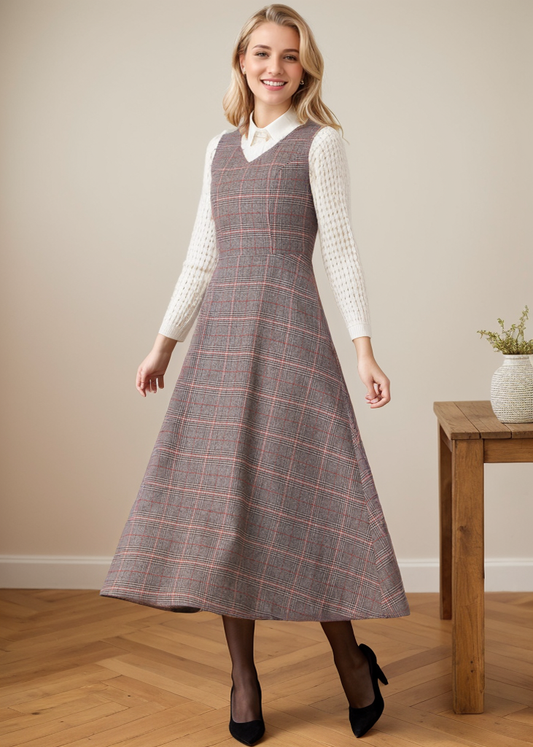 Autumn Winter Sleeveless Plaid Wool dress Women C4365