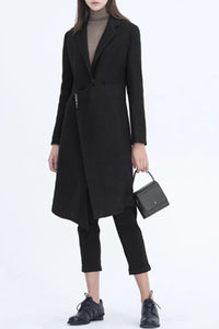 Patchwork long black wool coat women C4602