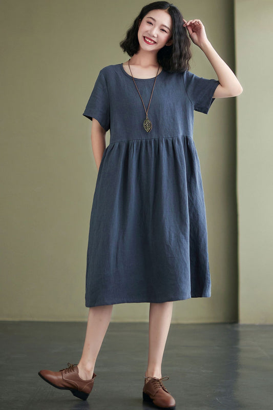 Blue Short Sleeve Knee Length Dress With Pockets C2429