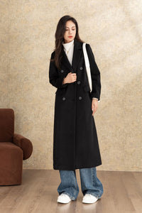 Black winter long casual wool coat C4467