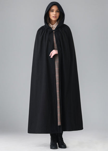 Black Medieval Hooded Linen Cape Cloak C5149