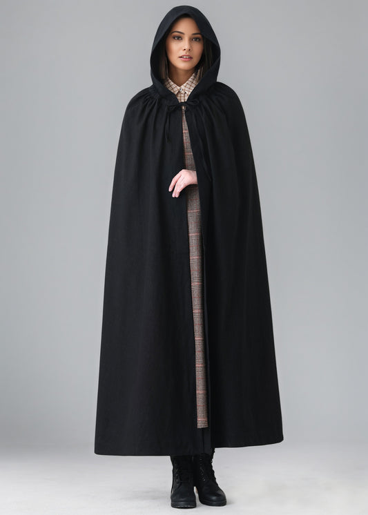 Black Medieval Hooded Linen Cape Cloak C5149