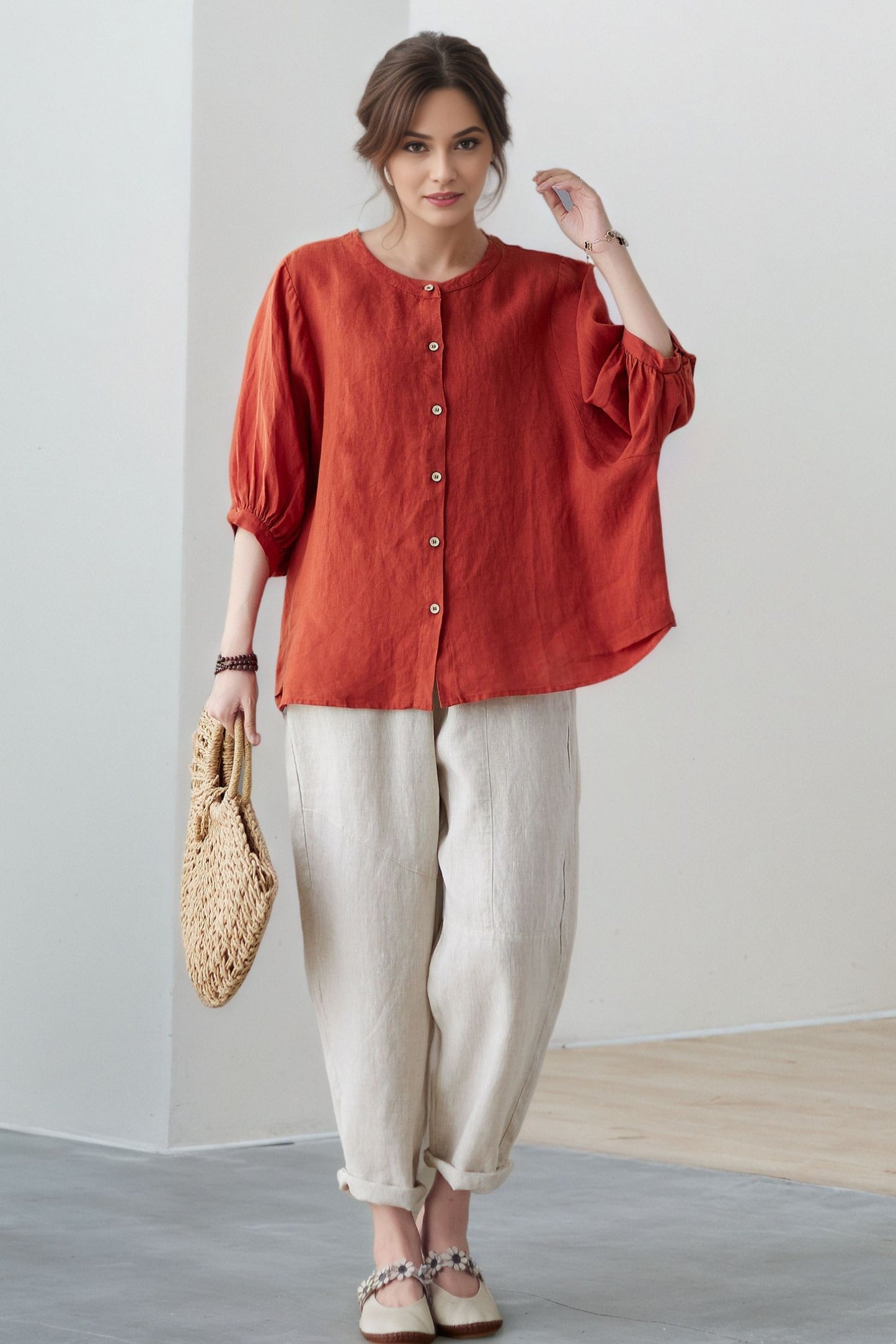 Rust Linen Blouse: Oversized 3/4 Sleeve Button-Up Relaxed Fit Top, Ylistyle C5321