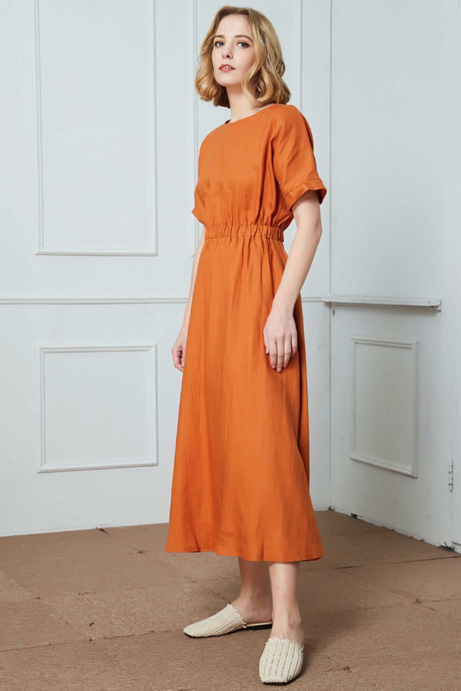 linen midi dress - orange product info and reviews Orange Linen Midi Dress, Fit and Flare, Womens Spring Summer, Xiaolizi 4408