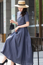 Load image into Gallery viewer, Summer Linen Button up Gray maxi Swing Dress C2829
