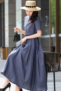 Summer Linen Button up Gray maxi Swing Dress C2829