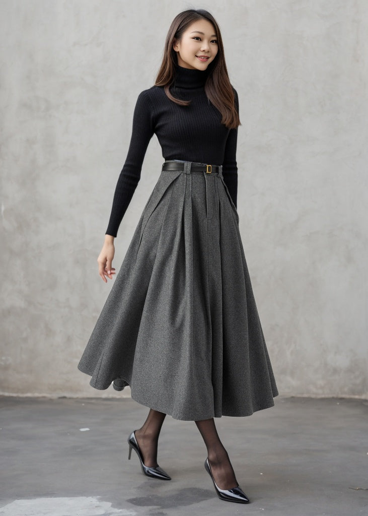 Gray Midi Wool Skirt Women C3553