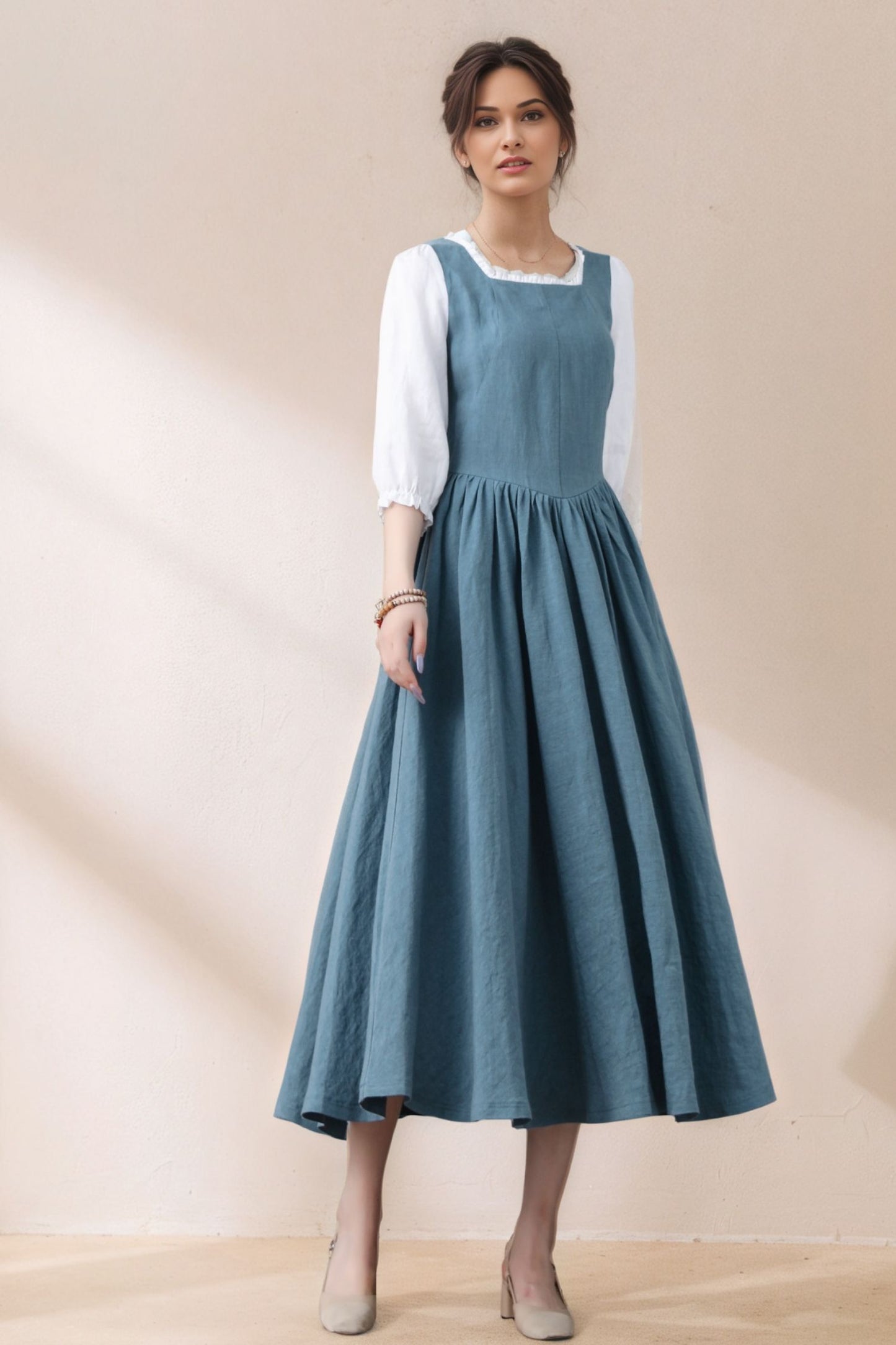 Handmade Pleated Swing Midi Linen Dress C5386