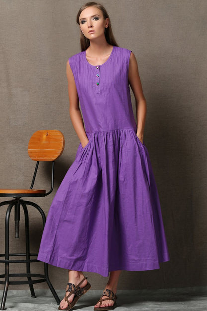 Purple Linen Dress - Loose-Fitting Fit and Flare Sleeveless Womens Dress with Pockets C541