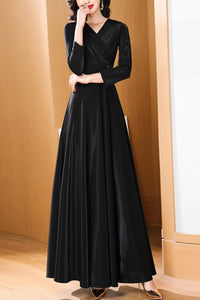 Black waisted long spring and autumn dress C4182