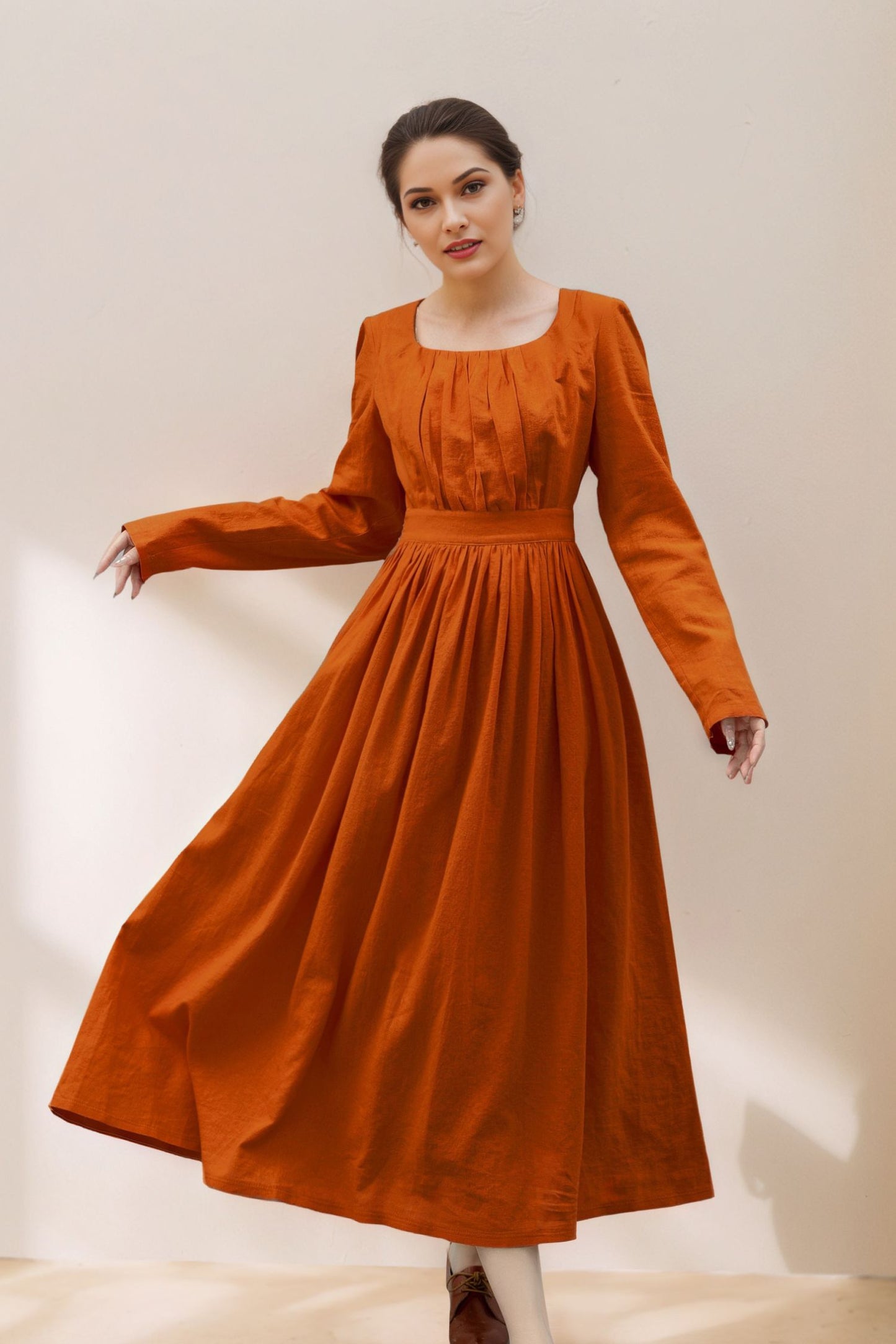 Long Sleeve Orange Linen Dress for Women C5364
