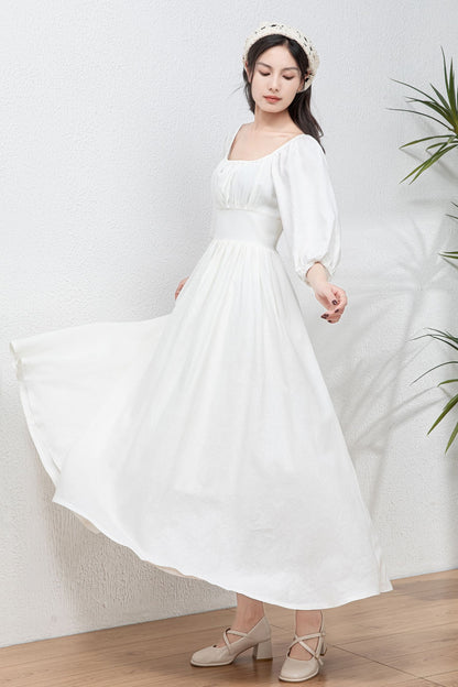 White Linen Swing Dress - Flowy Midi linen Dress C4766