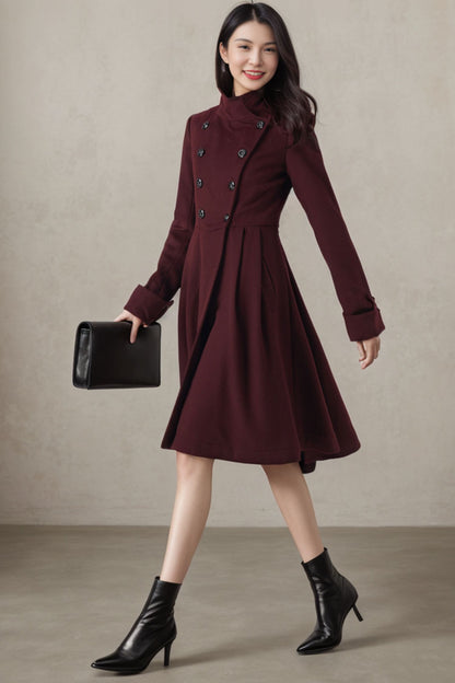 Burgundy Double Breasted Wool Coat Women C4409