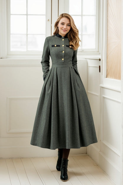 Button front army green winter wool dress C4441