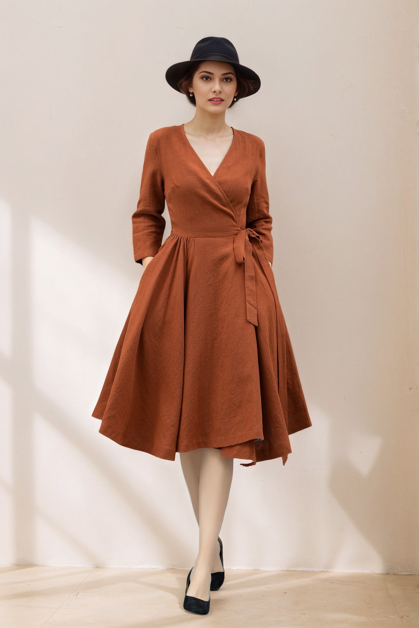 V-Neck Swing Midi linen dress with Waist Tie C5359