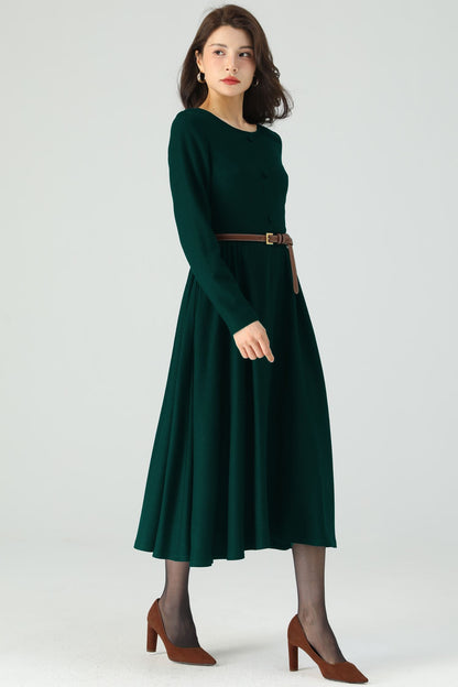 Dark Green Midi Wool Dress C4528