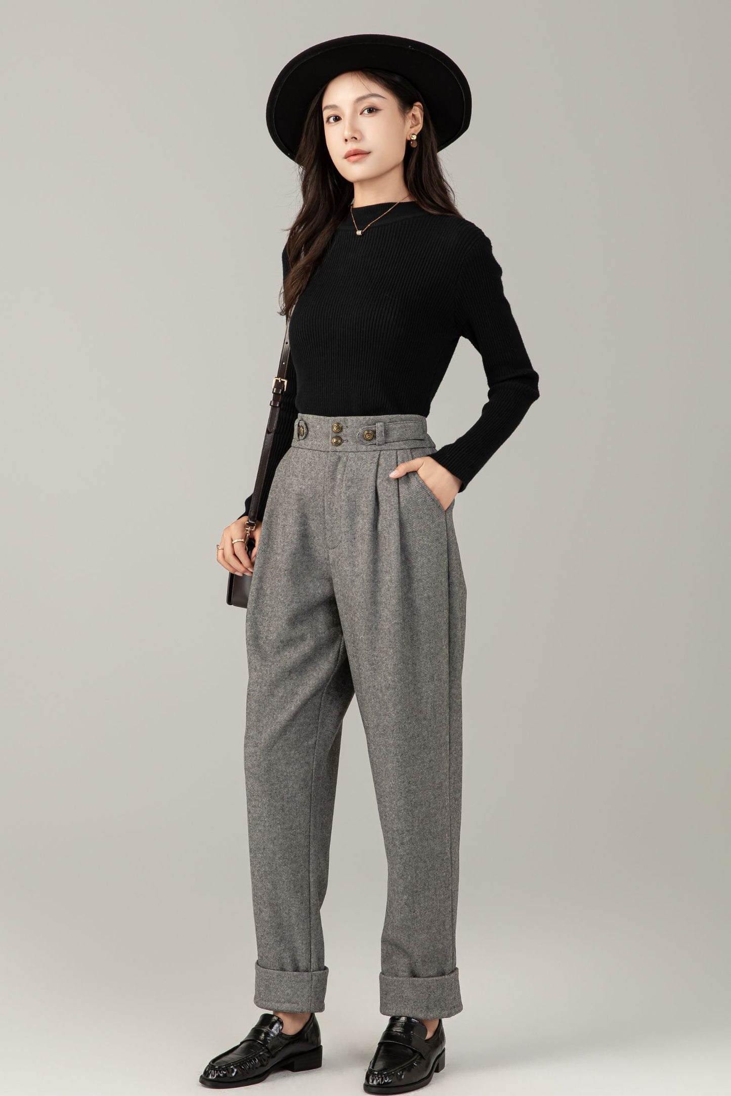 High-Waist Wool Trousers: Vintage Grey Pleated Cuffed Pants C5247