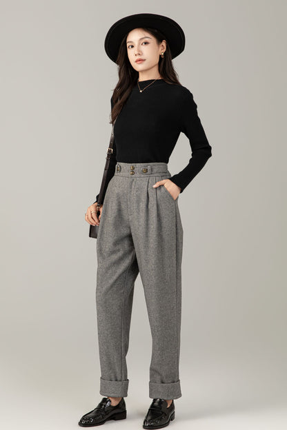 High-Waist Wool Trousers: Vintage Grey Pleated Cuffed Pants C5247