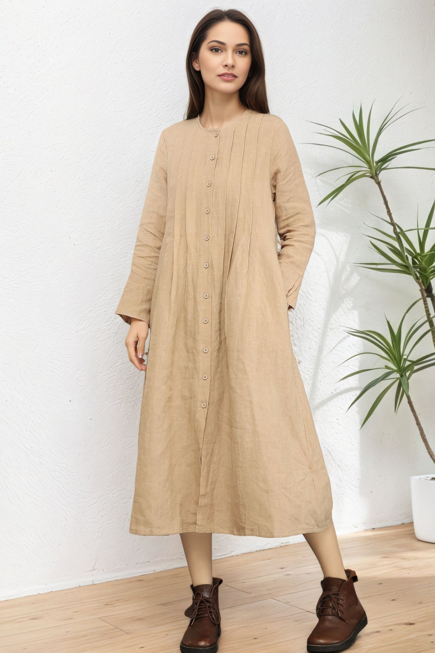Loose Crew Linen Shirt Dress C5391