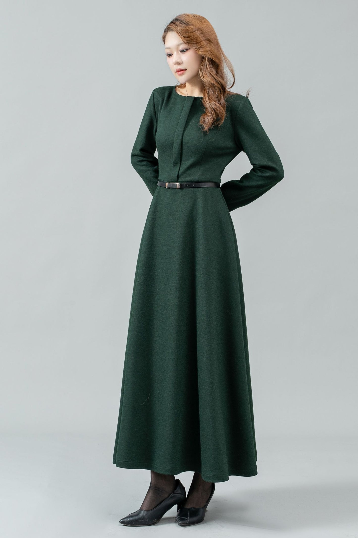 Green maxi winter wool dress women C4443