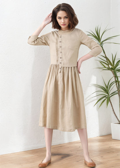 Khaki Women Asymmetrical Linen Maxi Dress C5417