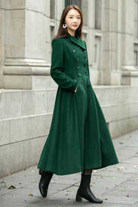 Warm green long trench wool coat C4501