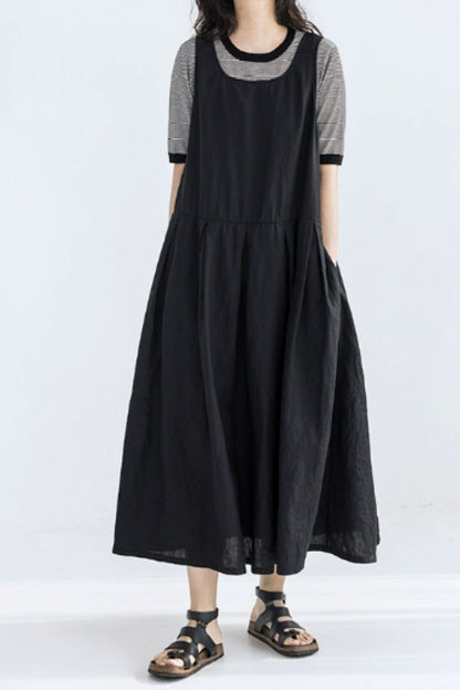 Black sleeveless loose fitting long linen summer dress C5421