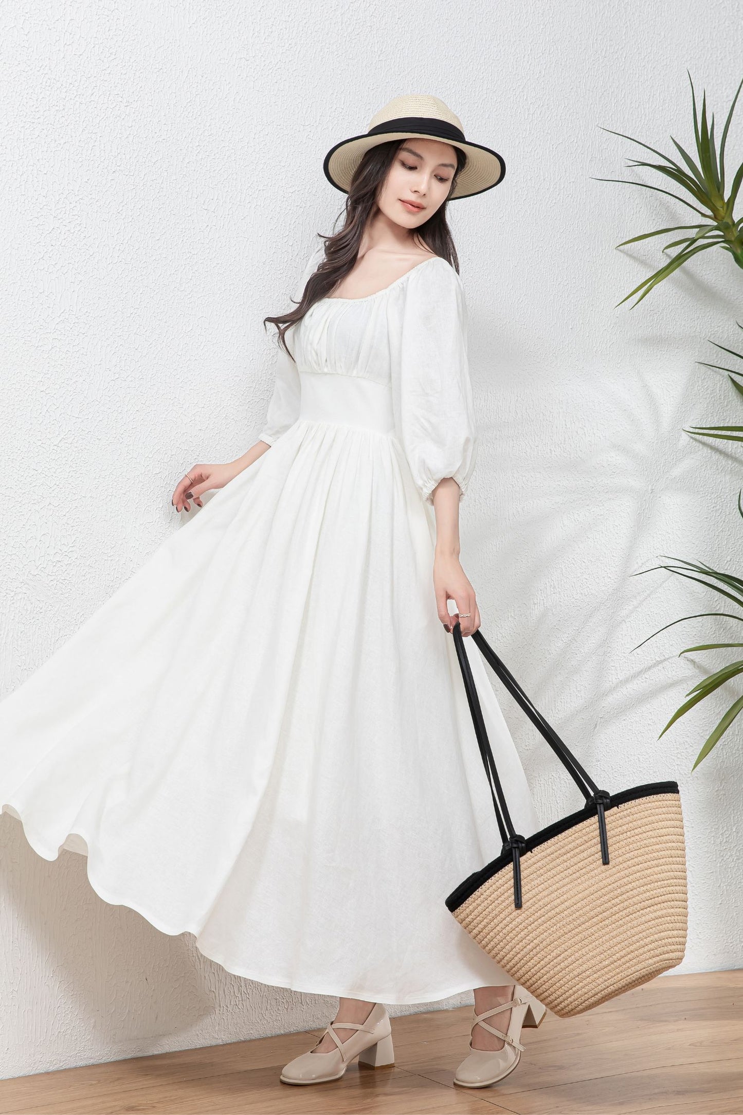 White Linen Swing Dress - Flowy Midi linen Dress C4766