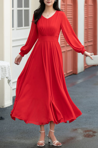red fit and flare long chiffon dress C5039