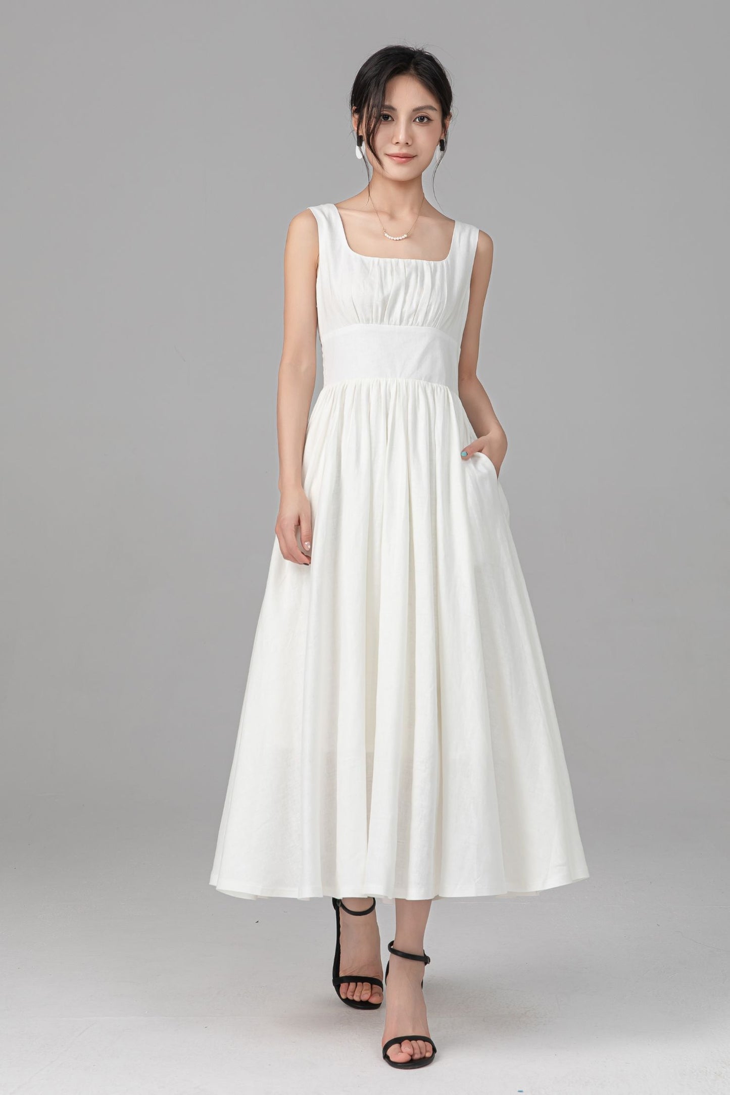 Off White Linen Midi Dress - Sleeveless Square Neck A-Line Silhouette C5525