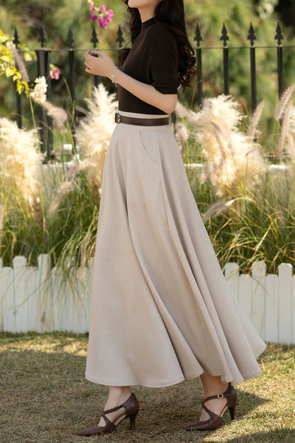 Beige Linen Cotton Maxi Skirt: High Waisted A-Line Summer Skirt, Ylistyle C5443