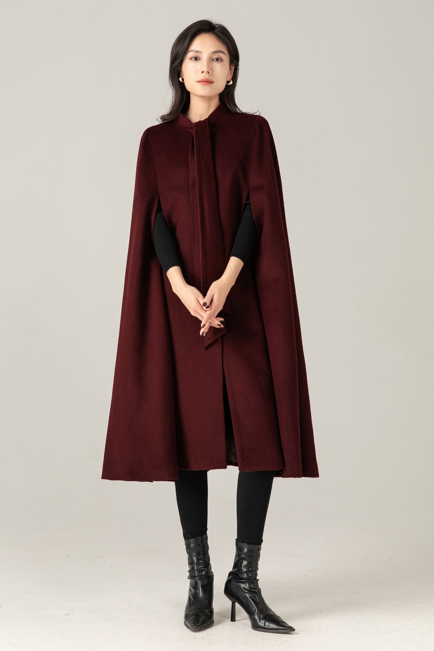 Burgundy Wool Blend Cape Coat: Women Long Winter Cape Outerwear, Ylistyle C5378