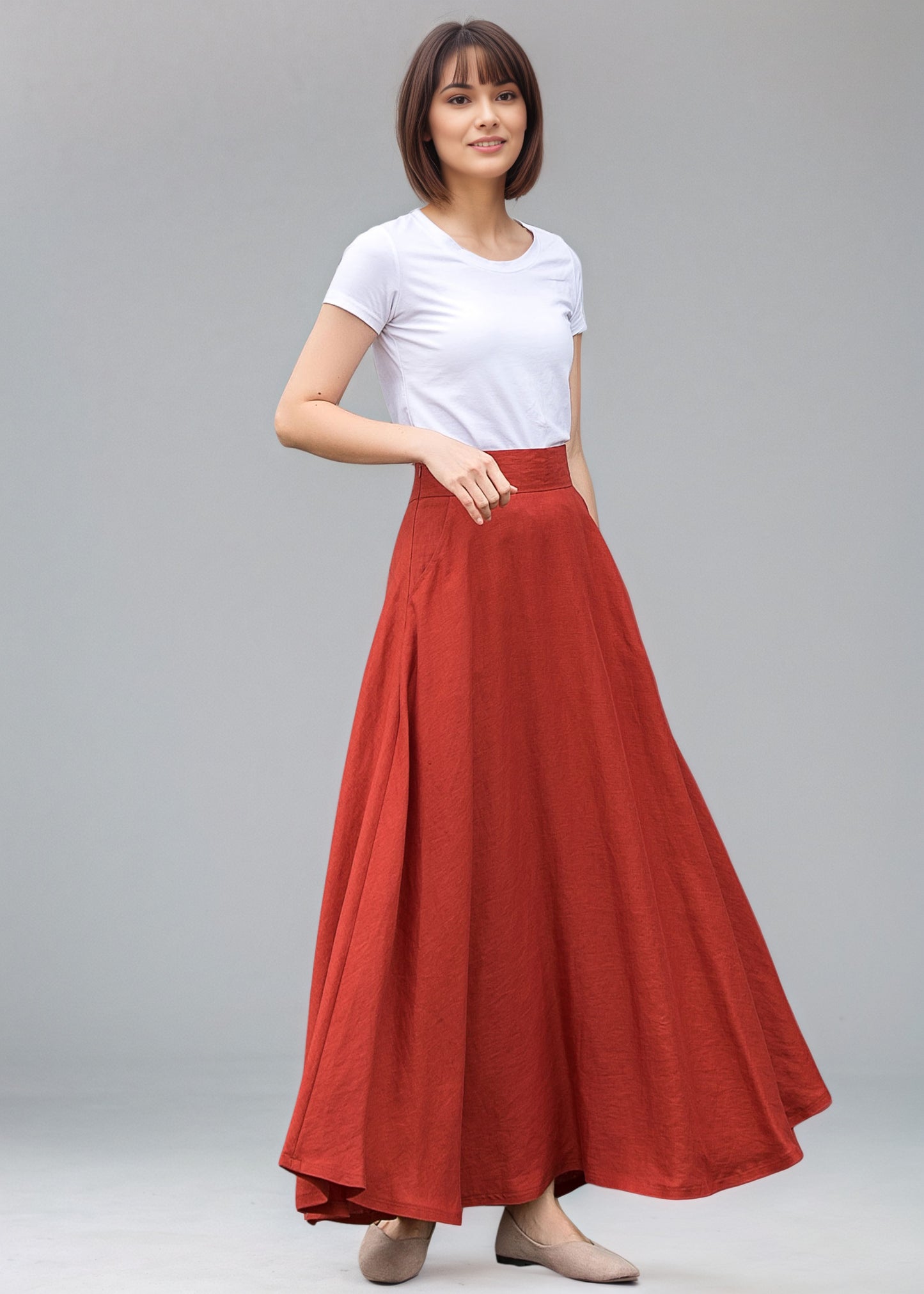 Orange Swing Long Maxi Linen Skirt C5146