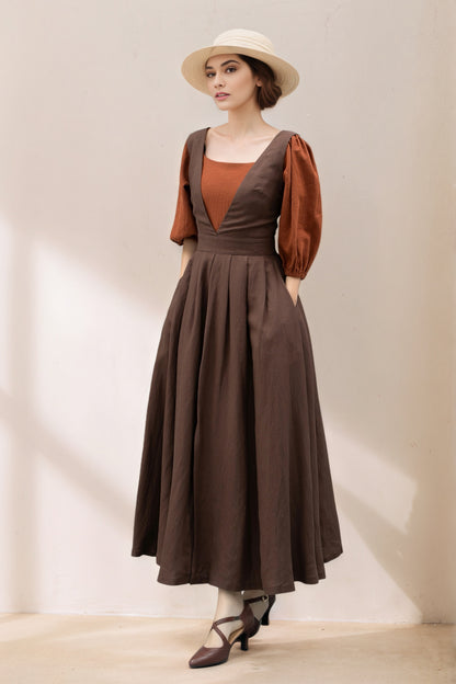 Long Linen pinafore dress C5366