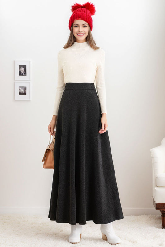 Long Wool A-Line Maxi Skirt With Pockets C4263