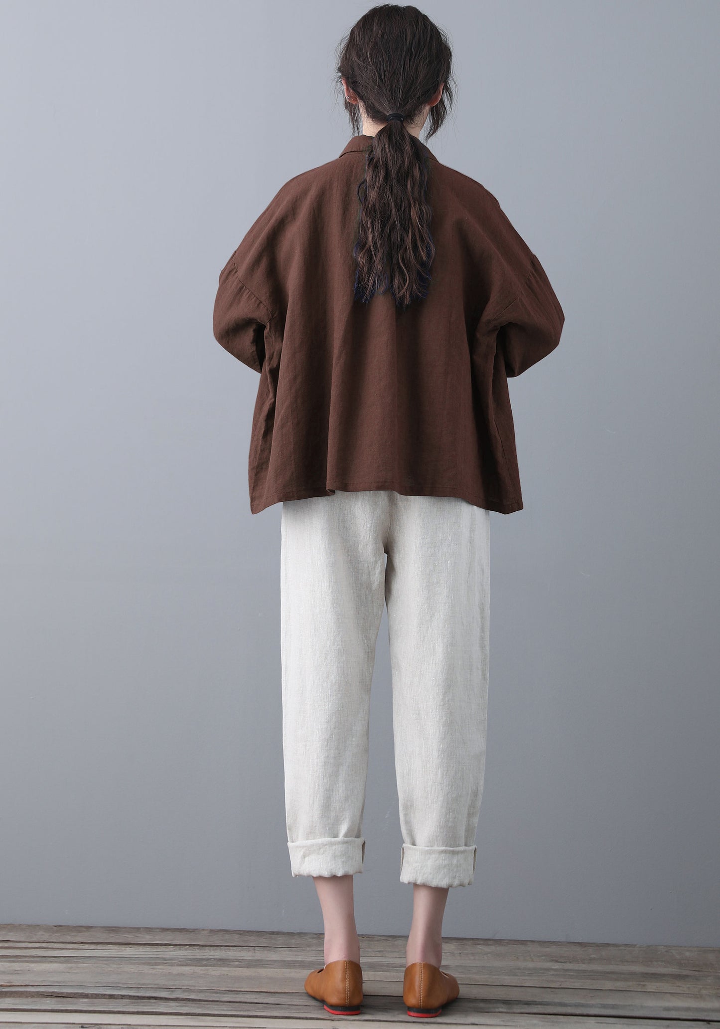 Brown Loose linen Tops C5346