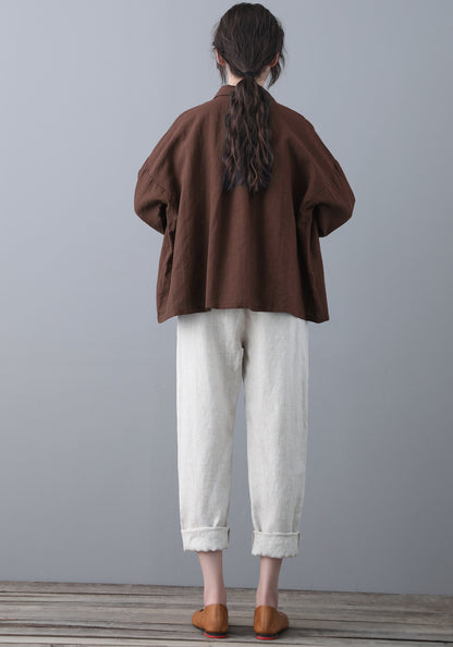 Brown Loose linen Tops C5346